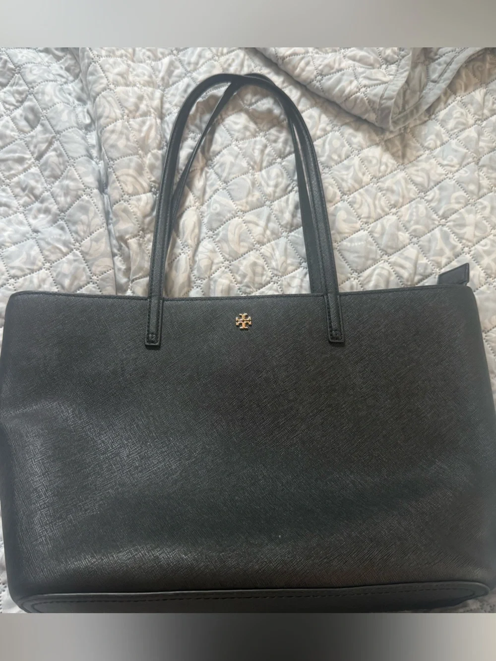 Tory Burch Black Leather Tote with Gold Logo and removable crossbody strap shown